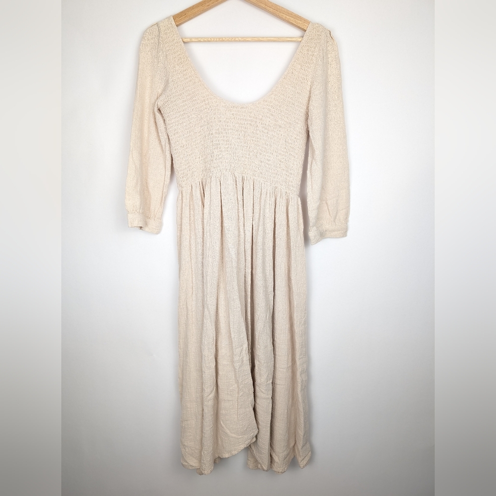 Cream Button Cotton Dress 3/4 Length Smocked Boho Earthy Size Medium - Picture 4 of 8